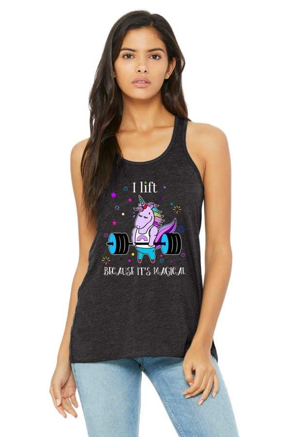 Fitness Tank Top with a Unicorn on it that says Deadlifting is Magical