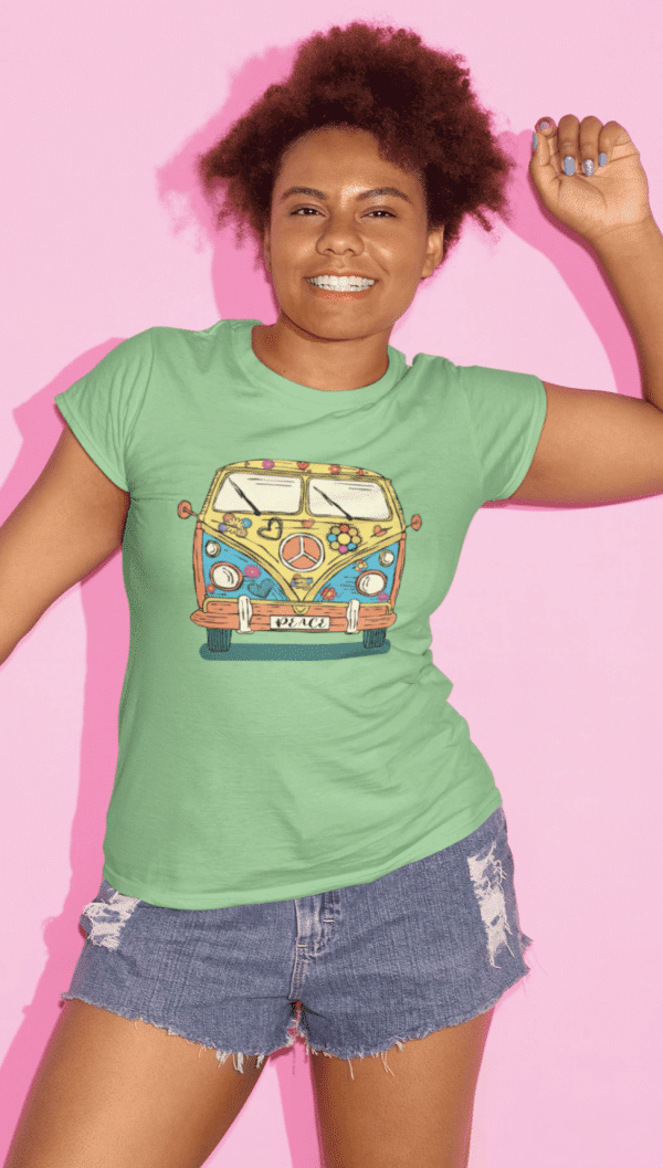 Beach vibe tshirt in sea green. Shirt has an image of a peace van.