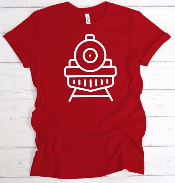 Line Drawing of the Front of a Train illustration on a red tshirt